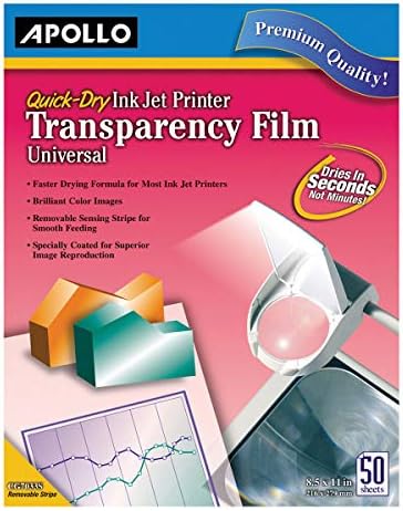 Филм за транспарентност на Аполо за печатачи со инк -џет, универзални, брзи суви, 50 листови/пакет, чиста