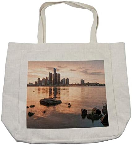 Торба за купување на Амбесон Детроит, идиличен поглед на зајдисонце со високи згради на речното ракчиња мирна мирна, еколошка торба за