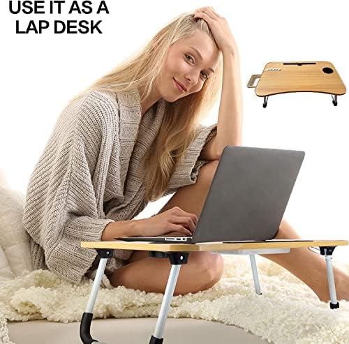Лаптоп Тораинк Стенд за кревет, скут за кревет за кревет 4 USB порти, преносен преклопен лаптоп биро со вентилатор и светлина