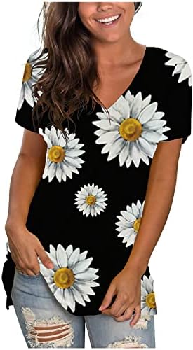 Есен лето маица женски 2023 кратки ракави v вратот памук графички печатење цветна бранч врвна кошула за дами pH pH