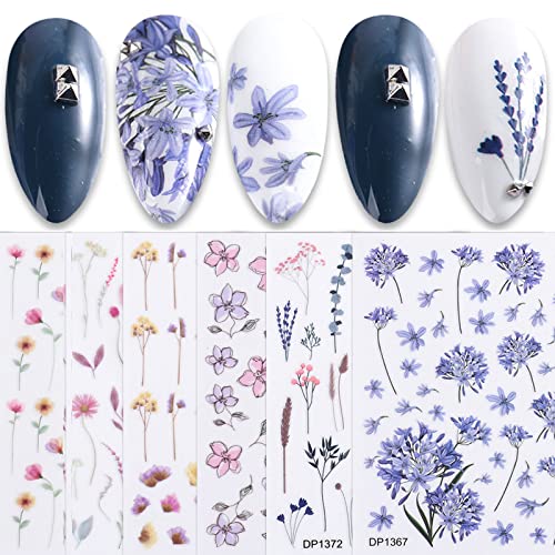 6 листови пролетни цветни нокти налепници за само-лепете ги декорациите за нокти пегатини и летни цвеќиња роза остава цветни дизајн