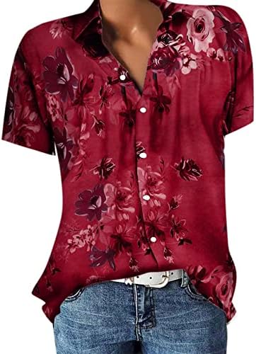 Блузи за жени со копче на кратки ракави со кратки ракави на вратот Графички цвеќиња за цвеќиња од цвеќиња летна лесна лабава кошула