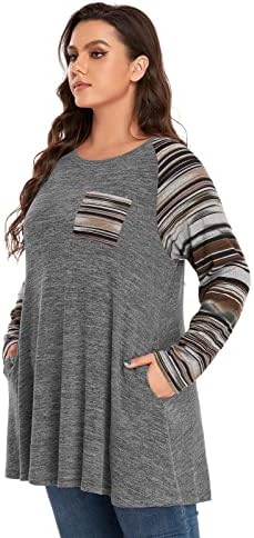 Оверворен долг ракав Раглан плус големина Туника за врвови за жени во боја блок плетен пулвер есенски кошули со џебови