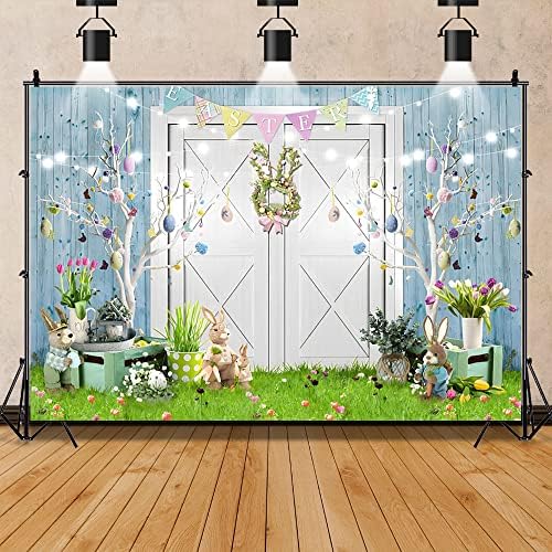 7x5ft Велигденска позадина бела дрвена врата Велигденска фотографија украси позадина Пролет Велигденска зелена трева зајак зајаче