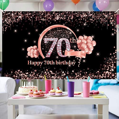 Lnlofen 70-Ти Роденден Банер Украси Позадина За Жени, Екстра Големи 70 Годишниот Роденден Декор Материјали, Розово Злато Среќен 70-Ти Роденден