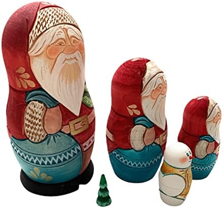 Новогодишна авторка, Вуден сет Руски Дедо Мраз, елка, снежен човек 6,29 „висок сет од 5 рачно изработени играчки гнездење кукла дома