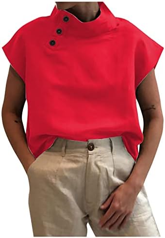 Плус големина женски памучни ленени маички со капаци на капакот кинеското копче Фахион врвови летни обични кошули со цврста боја