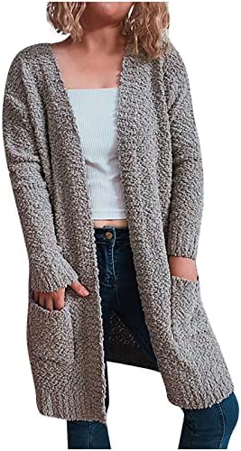 Openенски отворен преден плетен џемпер со преголем ракав за ракав на фенер, кардиган, V-reck-врата со долги ракави блуза со џеб