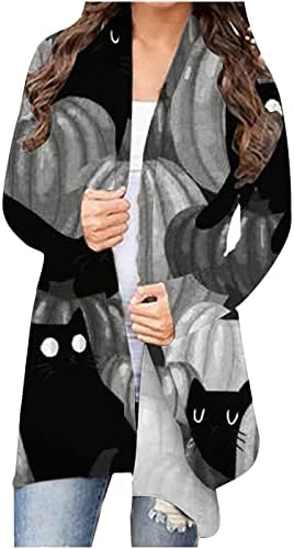 Женски обичен отворен предна кардиганска јакна однадвор од палто врвови за Ноќта на вештерките печати долг ракав класичен кардиган