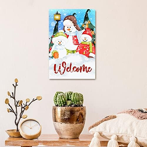 Снежен човек добредојде од дрво знак Снегулка бор, зимска снежна сцена Дрвена знак Божиќна забава резерви рустикална фарма куќа украси