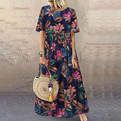 Maseенска мода 2023 година, жени плус големина О-врат Цветни печати гроздобер краток ракав долг макси фустан