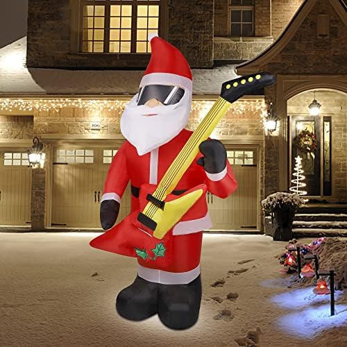 Prsildan 7 ft Christmas Christmas надувување на Дедо Мраз со бас гитара, разнесе Дедо Мраз облечен во очила за сонце, уникатни осветлени Божиќни