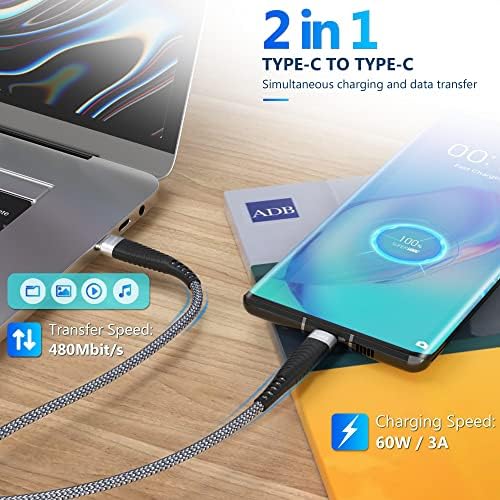 USB C до USB C кабел, 2-пакет 6 ft USB C кабел, PD 60W USB C полнач кабел Брзо полнење е компатибилно со Samsung Galaxy S22/S21/S20