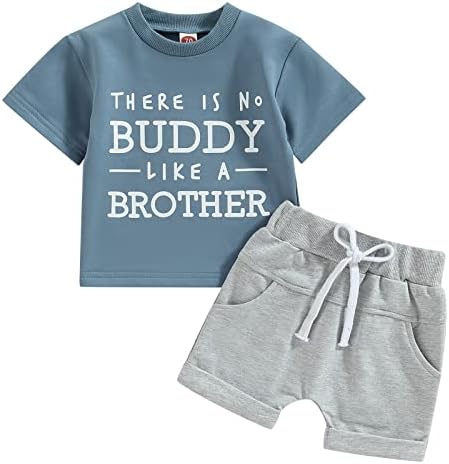 Детето бебе момче лето облека краток ракав брат печати маичка врвни цврсти шорцеви поставени облеки за новороденчиња