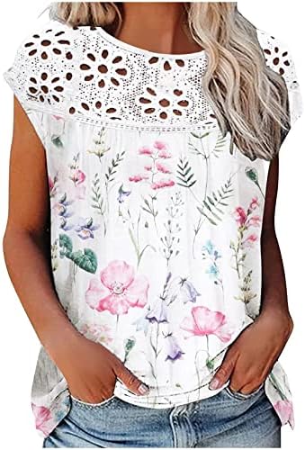 Модни женски маици со кратки ракави лето 2023 година трендовски чипка печатена врвна лабава блуза