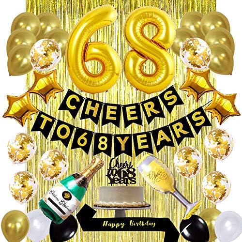 Златен 68 -ти комплет за украси за роденден, навивања до 68 години банер балони 68 -та торта Топер роденден Саш златен лименски фолија