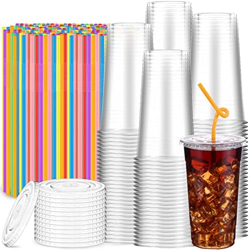 Zubebe 100 сет 32 мл чисти пластични чаши со капаци и сламки миленичиња пластични чаши обоени сламки кои пијат чаши за еднократна