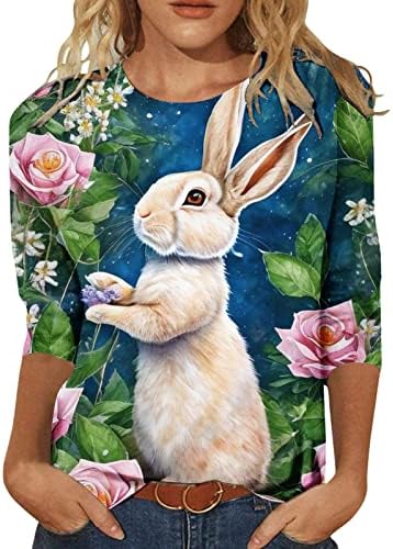 Велигденска кошула за зајаче за жени лето 3/4 маички со ракави Обични врвови модни лабави цветни печатени тунични маички врвови