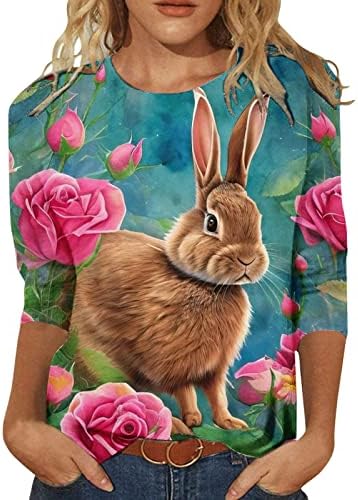 Велигденска кошула за зајаче за жени жени 3/4 ракав o вратот на вратот Графички печатење на графички врвови за туниќ, градиент маица