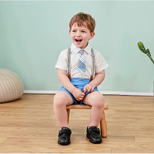 Весидом дете бебе момче облека за џентлменски облеки, формална кошула за фустани со краток ракав+вратоврска+суспендирани шорцеви момчиња