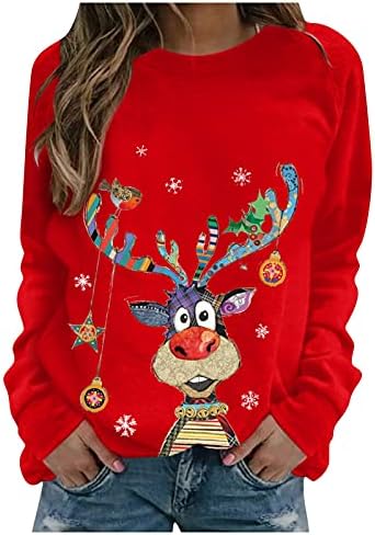 Божиќни џемпери за жени со долг ракав симпатична екипаж Божиќна графичка графичка влечење обична лабава џемпер блуза