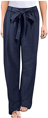 Plusенски плус големина Обични панталони памучни постелнини летни есен бенд Еластичен половината широко панталони со панталони со џебови