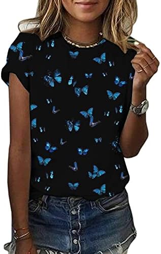 Женски врвови летни обични ламји печатени маички со маички со кратки ракави маици со тркала од вратот, маичка со блуза, маичка Туника