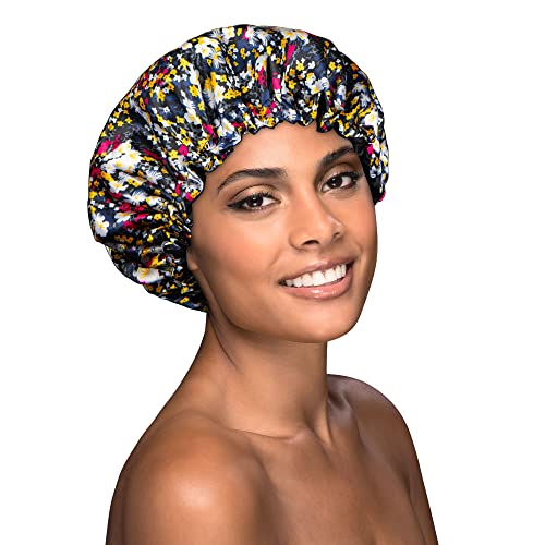 Capени Кап сатен хауб, двојно сатенски обложен капа, реверзибилна цветна печатена сатенска хауба за спиење, модна хауба за коса со сатен