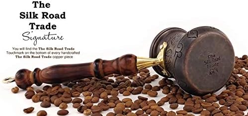 Трговија со патики од свила - серија PCA - најгуста цврста врежана античка бакарна турска грчка арапска кафе садови со тешка должност со дрвена рачка Стоутоп кафе -пр?