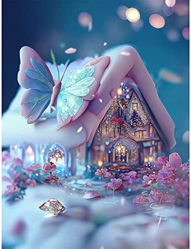 MXJSUA Diamond Painting Fantasy Cottage Kitage за возрасни, 5D пеперутки Дијамантски уметнички комплети Комплети со комплети со дијамантски цвеќиња