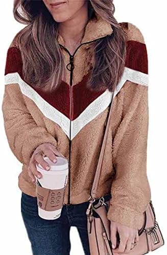 Womenенски 2022 година Зимска нејасна руно јакна со качулка во боја на бои за крпеница кардиган со облоги со џебови со џебови