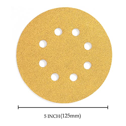 PRVEW 52-пакет 5 '' 100 дискови за пескарење на кука и јамка 8 дупки Златен пескачки диск шкурка за орбитал сандер
