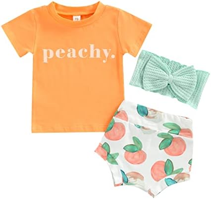 Доенче девојче летни облеки Писма Печати кратки ракави маица со плодови со шорцеви за глава од 3 парчиња облека сет