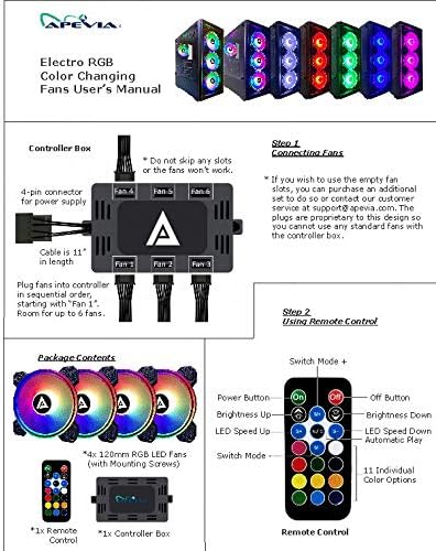 Apevia ET4-RGB Електро 120mm Тивок RGB БОЈА Менување НА LED Вентилатор За Игри Со Далечински Управувач, 28x Led Диоди &засилувач; 8X Анти-Вибрации
