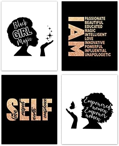 Huyaw црна девојка магија жена овластена жени ги овластуваат жените афроамерикански афро wallидни печати сет од 4, инспиративни