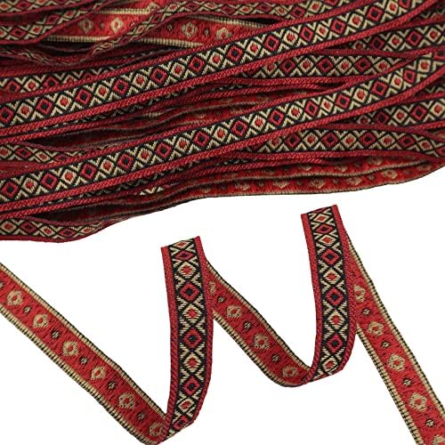 Idongcai jacquard панделка, 10 јарди тесен црвен ромб quакард трим геометриска везена лента за шиење.