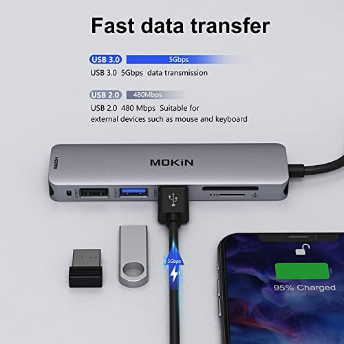 USB C Hdmi Адаптер За MacBook Pro 2019/2018/2017, MOKiN 5 во 1 DONGLE USB-C ДО HDMI, Sd/TF Читач На Картички и 2 Порти USB 3.0
