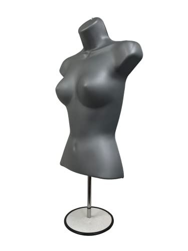 Displaytown Grey Maly + Femaleенски манекенско задно тело торзото сет w/ метален штанд и метален пол и висина кука, големини на S-M,