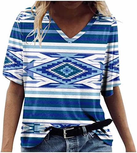 Геометриски обични врвови на жените Ацтек лето V вратот маица Ретро кратки ракави преголеми врвни блузи за туника за жени