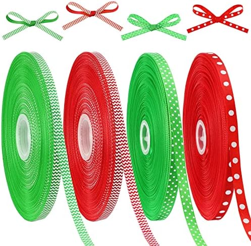 Божиќна Лента Од 400 Јарди 0,39 Инчи Занаетчиска Лента Со Точки Црвена И Зелена Лента За Божиќни Подароци Со Пруги За Божиќно Пакување