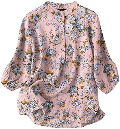 Плус Големина Блузи За Жени Памучни Ленени Маици Мода Цветни Печати Краток Ракав Повик Лабава Вклопуваат Екипажот Блуза