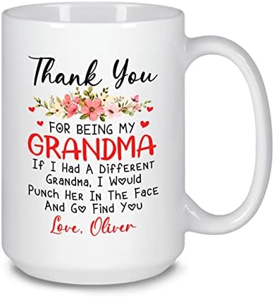 Ви благодарам што ми беше баба баба цветна кригла, персонализирана чаша за кафе со баба со име на внук, смешни баба кригла подароци
