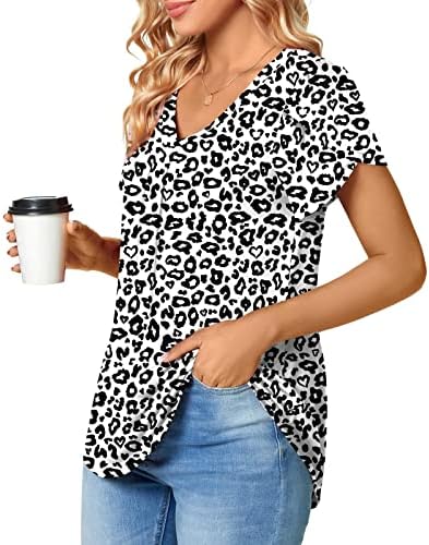 Маица за блуза за жени со краток ракав 2023 VNECK Памук Флорална графичка лабава вклопување опуштено вклопно бранч симпатична маичка