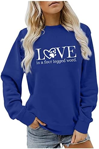 Loveубов куче шепа печати џемпер жени смешни долги ракави, врвен пулвер, екипаж на вратот, лабава удобна обични блузи кошули