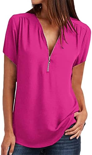 Andongnywell Women Women Solid Color Zipper V-Neck Casual Tops маица лабава блуза со кратки ракави со кратки ракави лабава шифон кошула