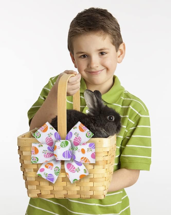 Ленгфон Велигденски ткаенини панделки 10 јарди, велигденска јајце шема бела позадина печатено грмушка жична лента за Велигденски подароци за