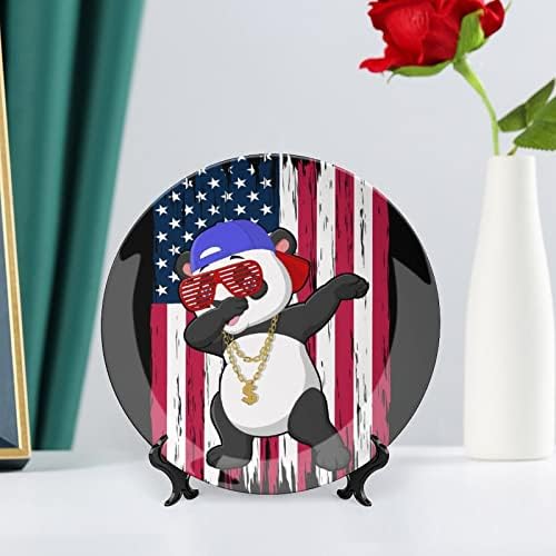 Панда со Американско Знаме Гроздобер Коска Кина Декоративна Плоча Со Штанд За Прикажување Симпатична Чинија Подарок Домашен Декор