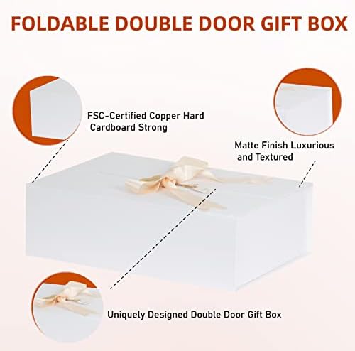 Кутии за подароци со капаци 2 пакувања, 16,5 x14,5 x 5,5 Екстра голема бела кутија за подароци со лента за ливчиња за ливчиња за фенси за подароци