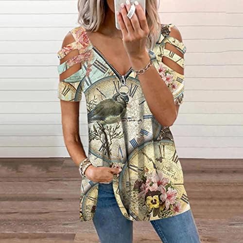 Женски графички печати цветни врвни кратки ракави од рамото 2023 V вратот памук патент на блуза маичка за дами ОМ