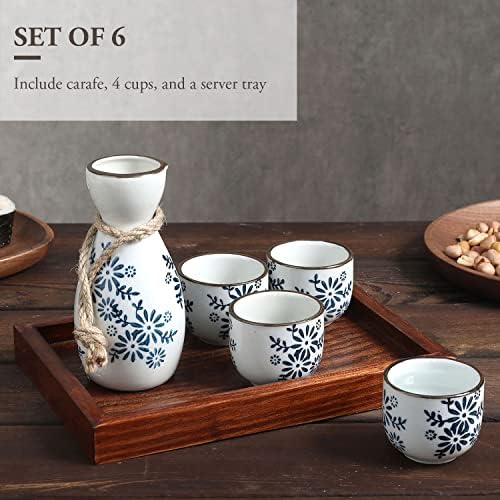 MyGift 6 парчиња сина цветна керамичка топла сакеј поставена со карафе од шише Токури, 4 чаши Охоко и послужавник за сервирање на дрво,